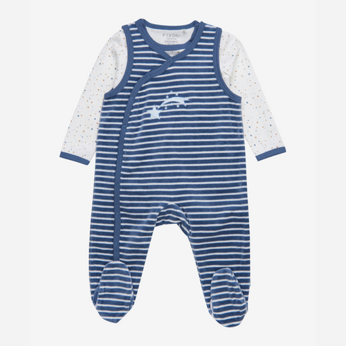 FIXONI Blue Striped Velour Romper and Bodysuit Gift Set