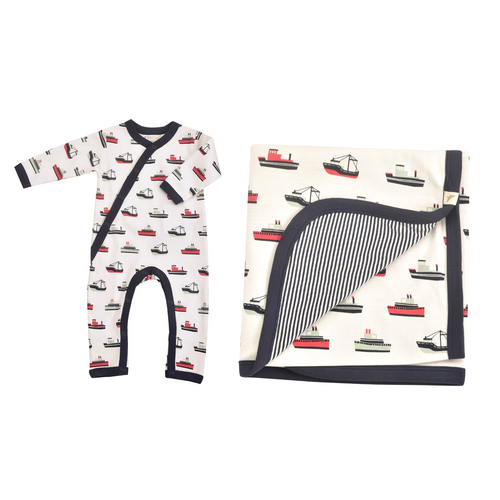 Boat Print Romper & Blanket Gift Set