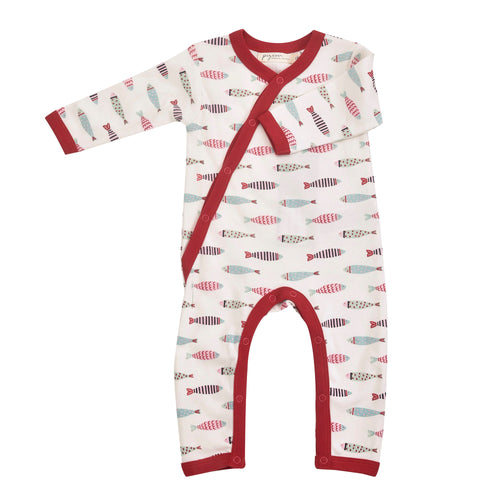 Red Fish Print Organic Cotton Kimono Romper