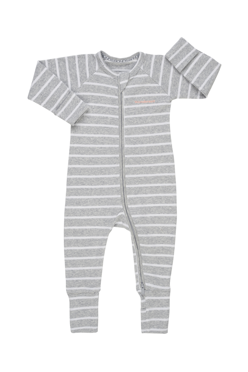 Bonds Rib Wondersuit - New Grey Marle & White Stripe