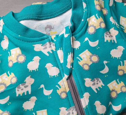 Jade Farmyard Print ZIPPYBOO Suit With Tractors, Cows, Sheep & Ducks on this fab zip sleepsuit