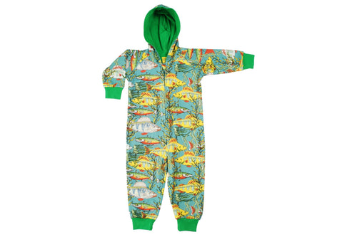 DUNS Seaweed Print Organic Cotton Lined Teal Zip Sleepsuit with Hood