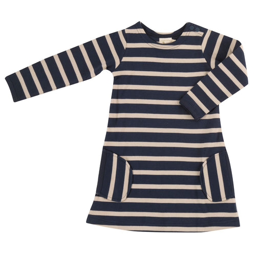 Organic Cotton Ink Blue and Pumice Stripe Long Sleeve Breton Dress